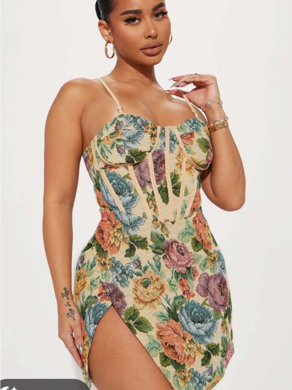 Fashion Nova Yellow Floral Bustier Mini Dress with Multicolor Rose Tapestry Sz M